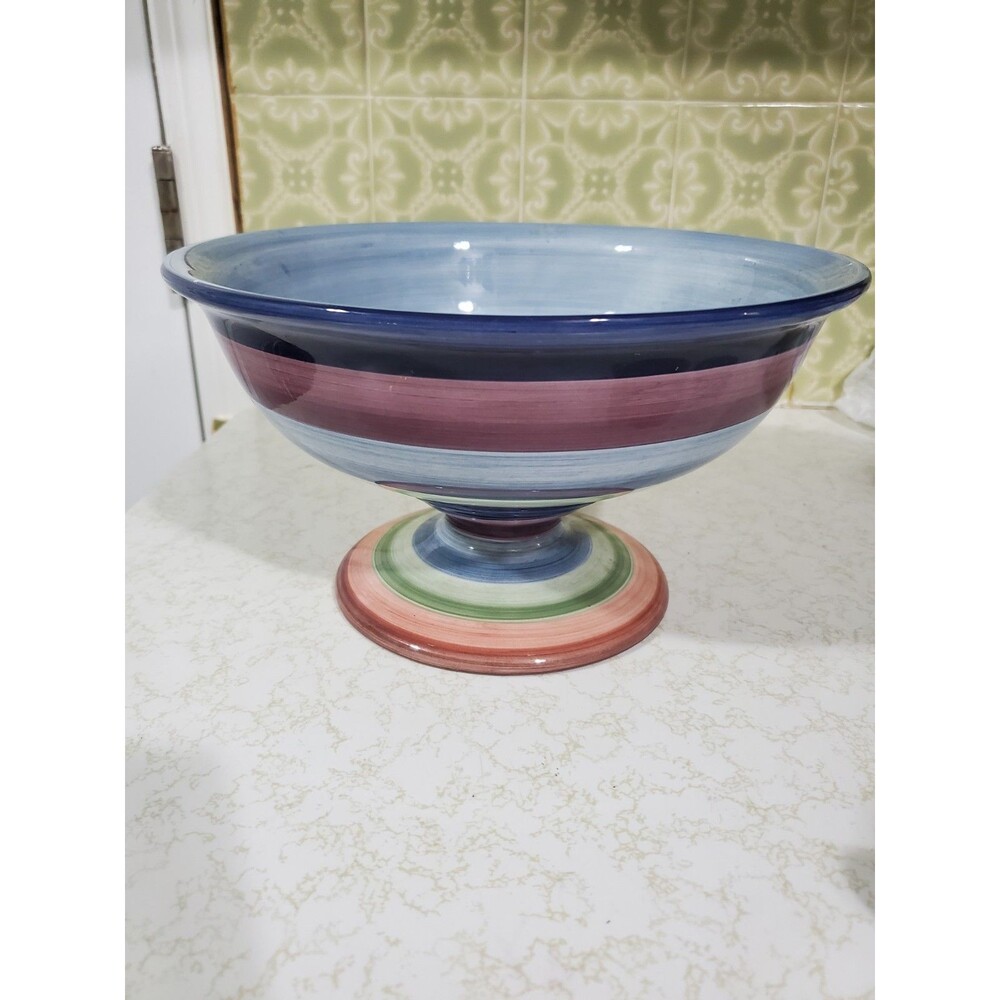 Tabletops Unlimited Rotunda Hand Painted Collection Large Fruit Bowl Striped